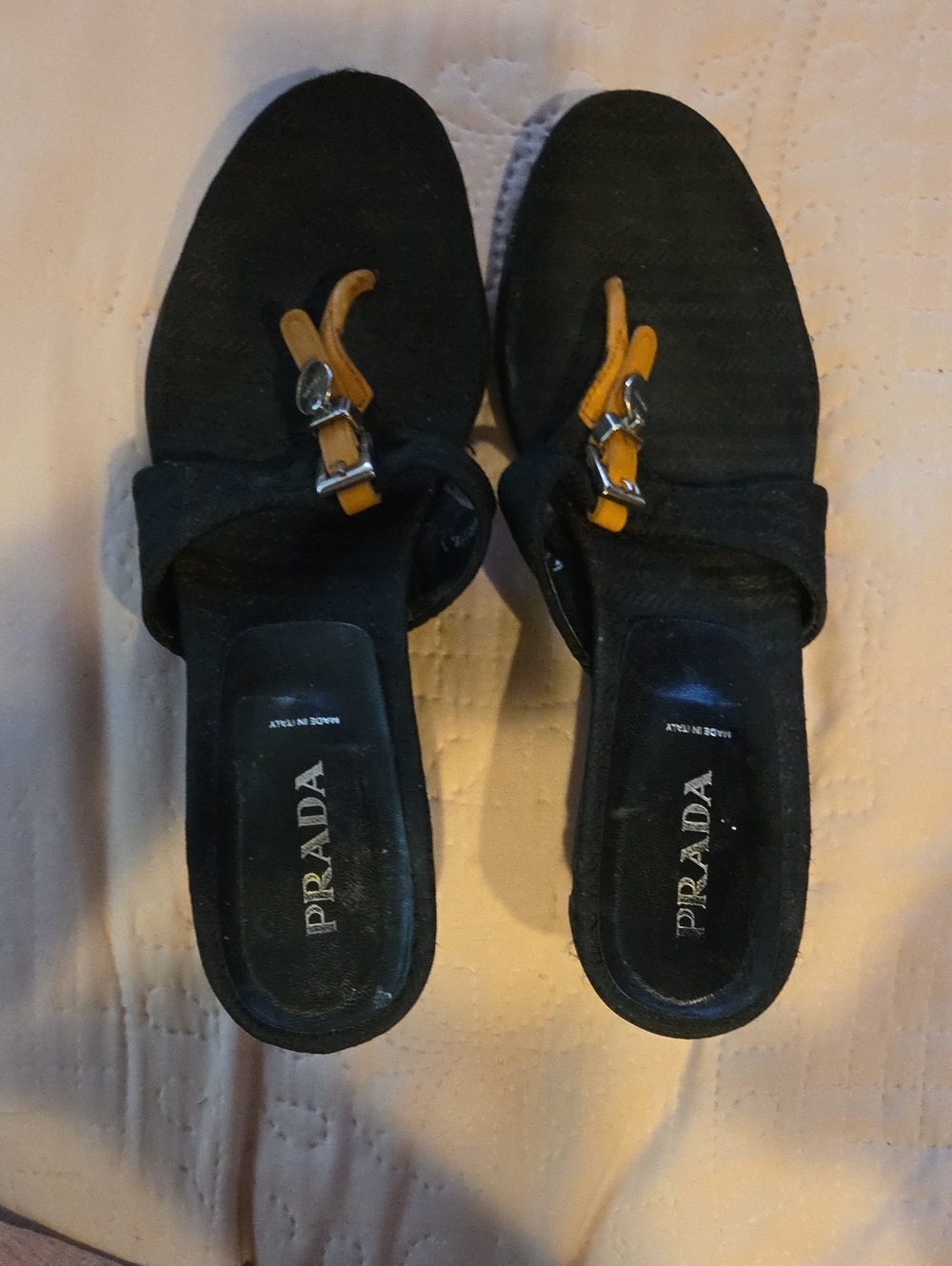 Prada Black Slip-On Mules with Tan Buckle Detail Size 10